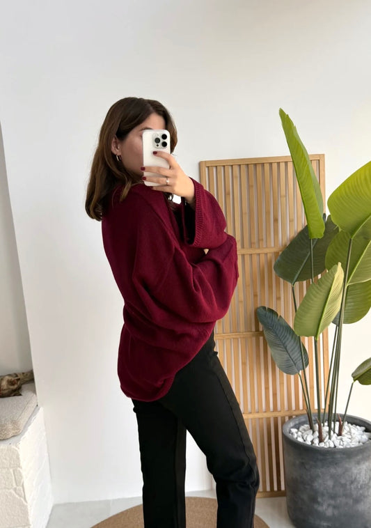 Maroon Round Neck Pullover With Bell Sleeves