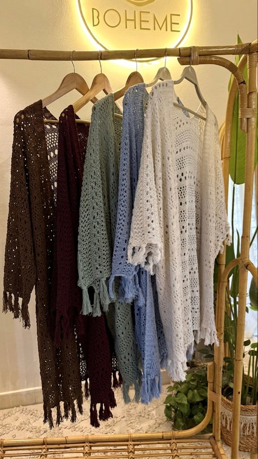 Brown Crochet Tasseled Kimono
