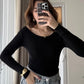 Black Basic Cotton Boat Neck Top