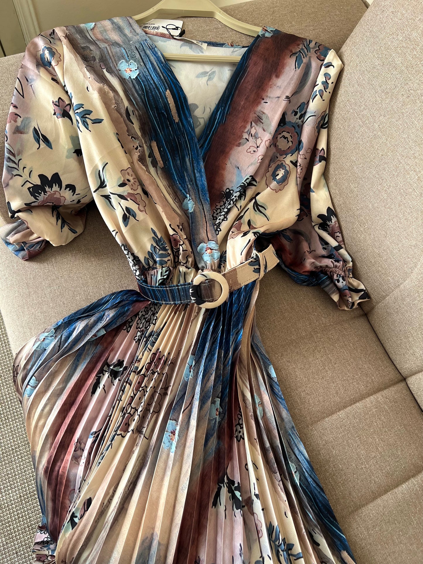 The Floral Pleated Satin Dress With Belt