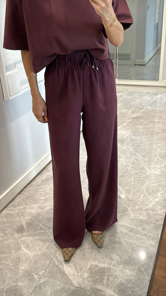 Premium Burgundy Straight Pants With Belt & Pockets