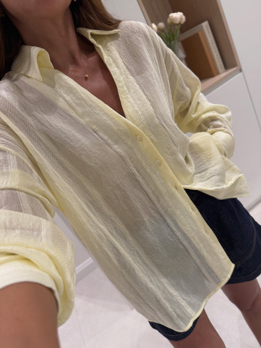 Butter Yellow Striped Linen V Neck Shirt