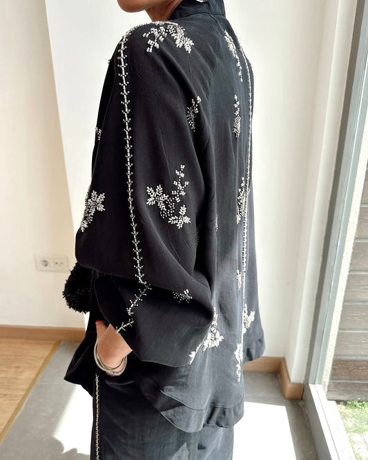 Grey Floral Bead-Embellished Kimono