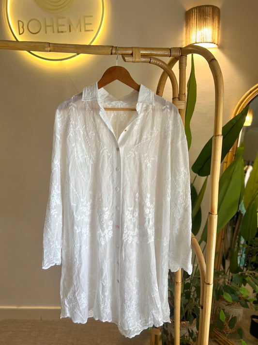 White Embroidered Floral Lace Long Shirt