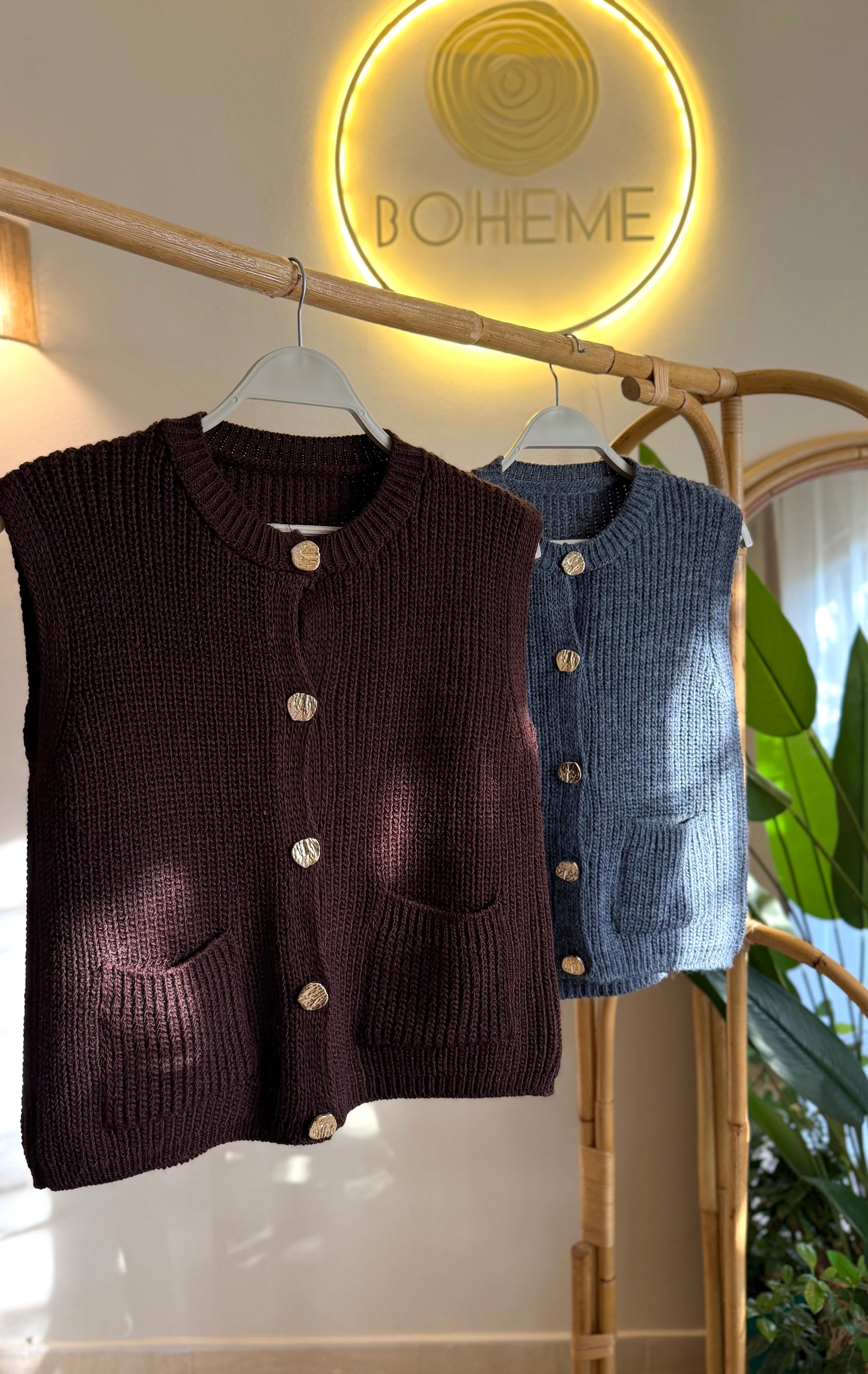 Grey Triko Vest With Pockets & Golden Buttons