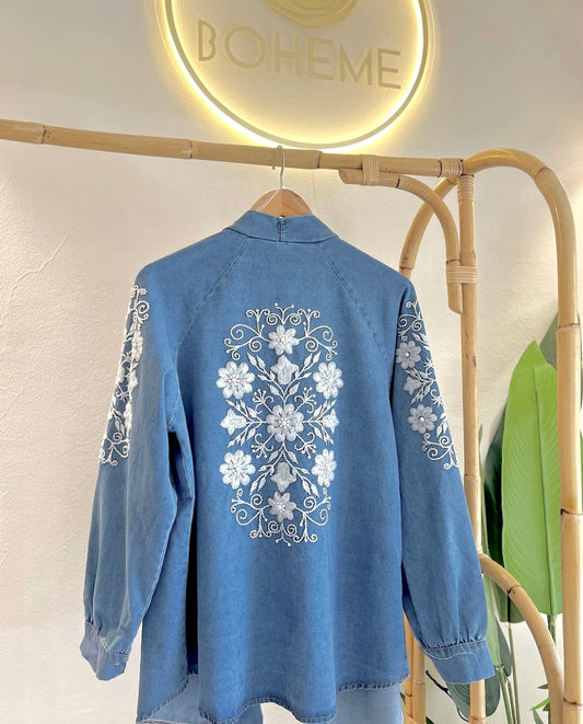 Light Blue Denim Embroidered Floral Kimono