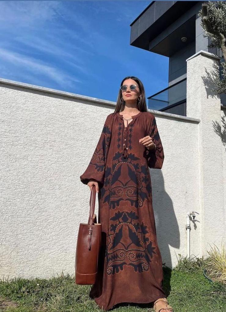 Brown X Black Boho Dress With Tassels & Pockets