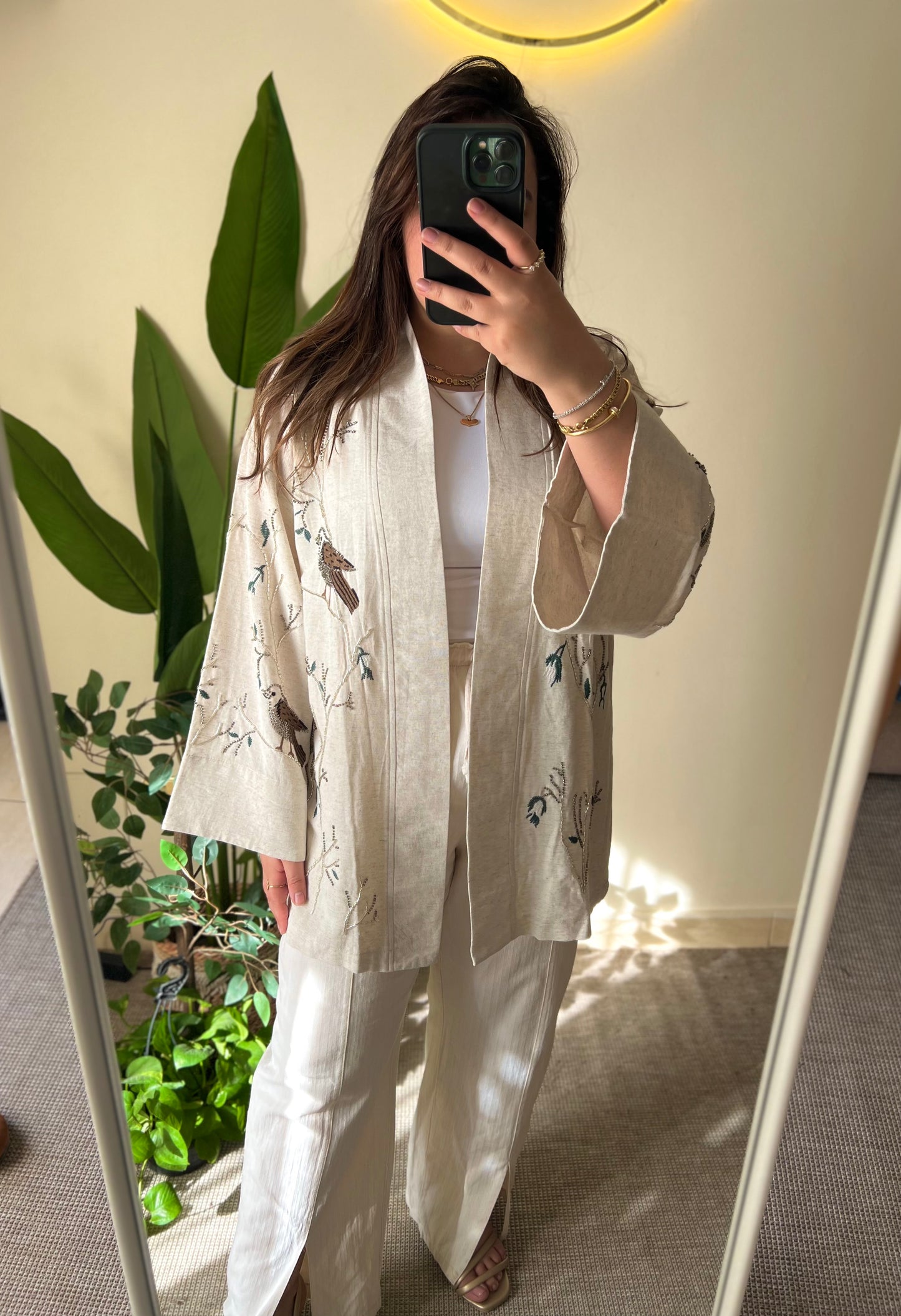 Premium Linen Embroidered Birds Beige Kimono (PREORDER Delivery in 10 days)