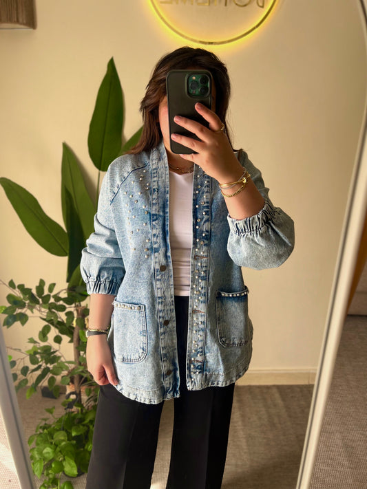 Denim Pearl Embroidered Kimono Jacket