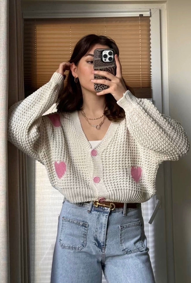 Beige X Pink Heart Triko Cardigan