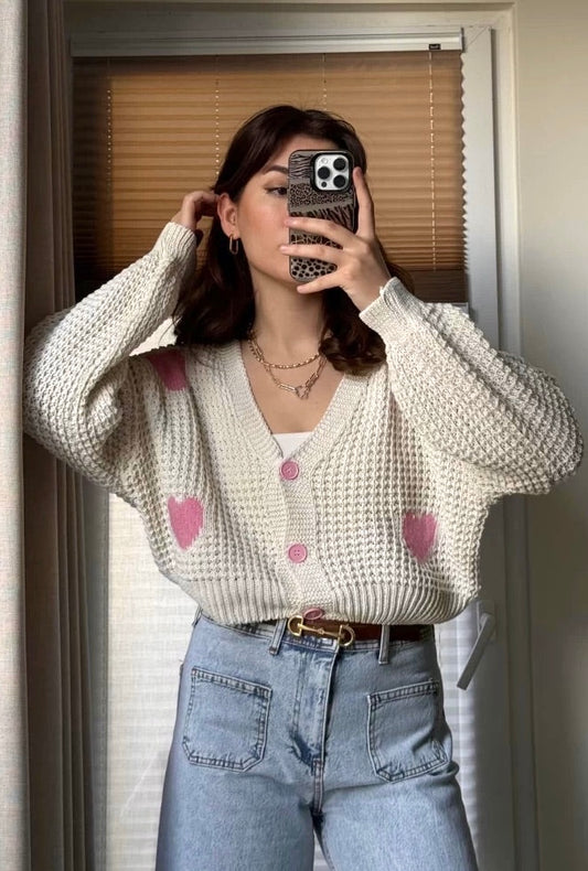 Beige X Pink Heart Triko Cardigan