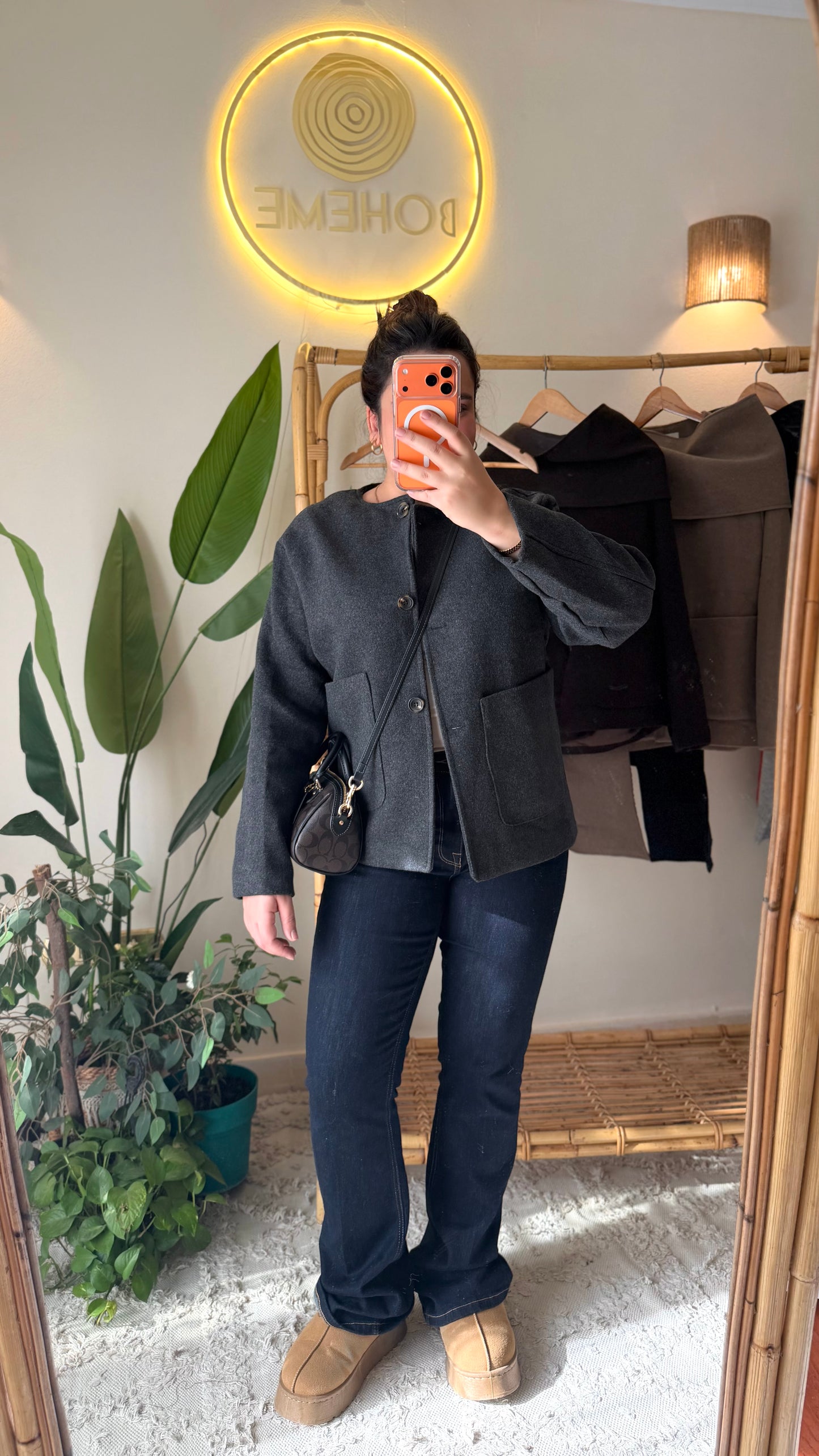 Grey Wool Jacket With Pockets & Detachable Scarf