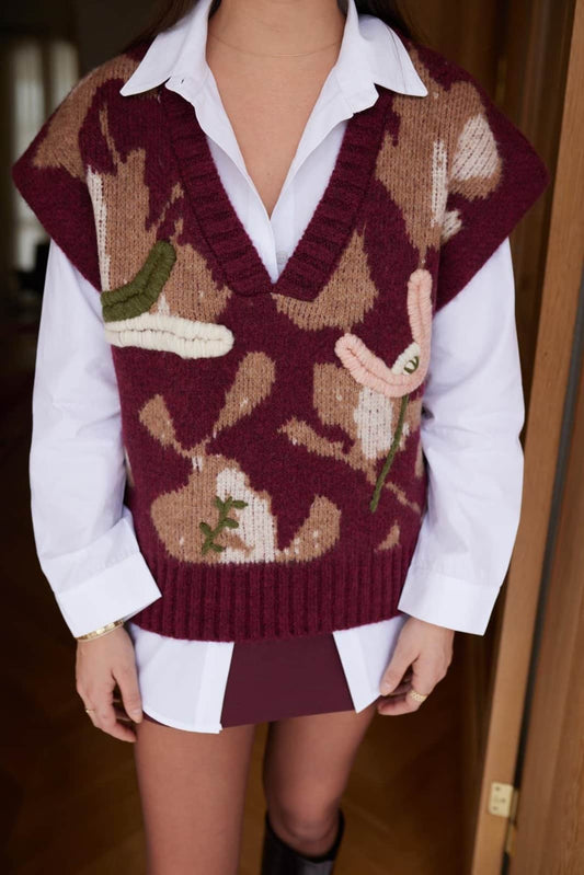 Embroidered Burgundy Multicolored V Neck Vest
