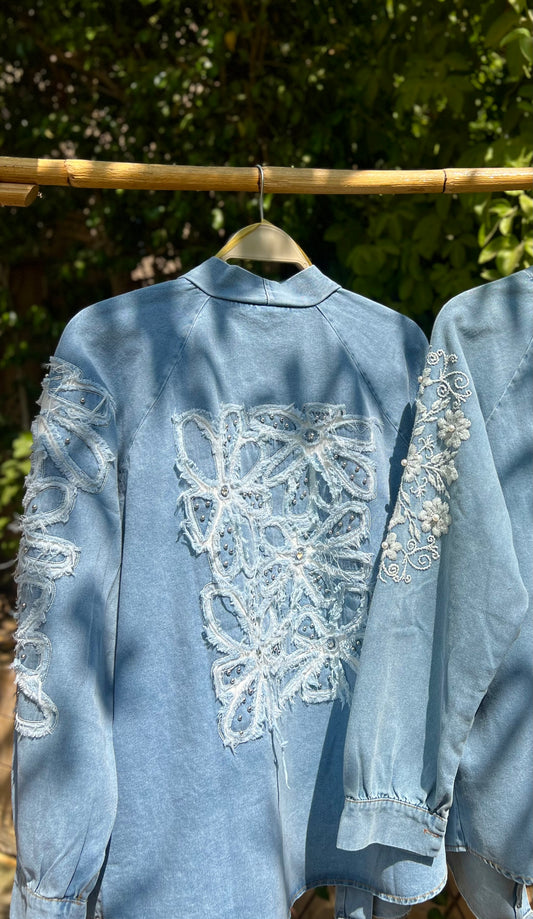 Light Blue Denim Embroidered Floral Kimono
