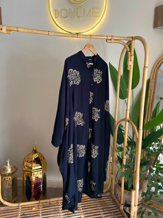 Black Boho Shirt Dress With Golden Threads Embroidery