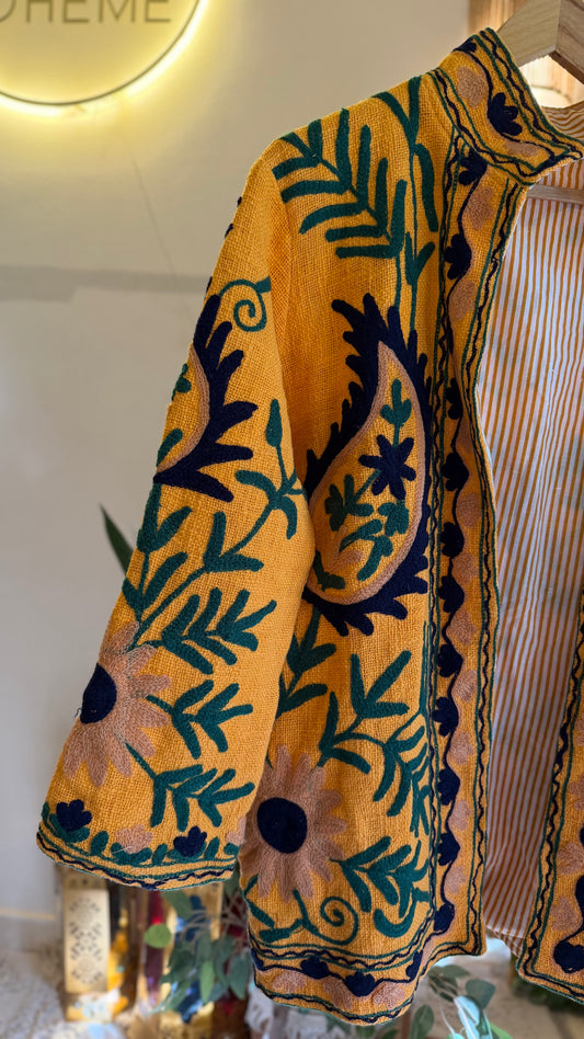 Mustard Navy Suzani Embroidered Long Jacket