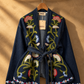 Dark Blue Floral Embroidered Denim Belted Jacket