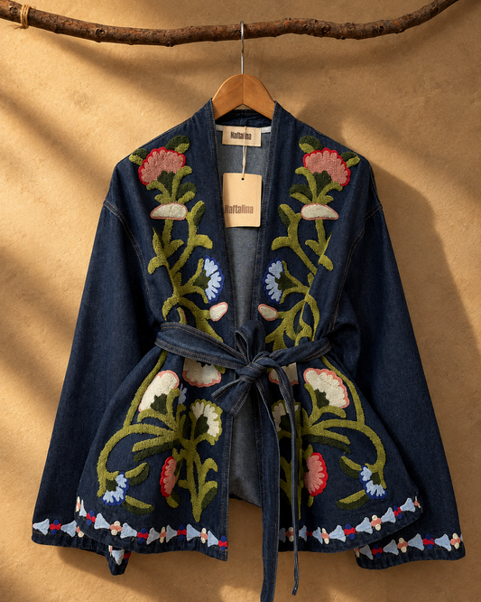 Dark Blue Floral Embroidered Denim Belted Jacket