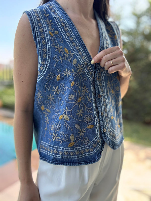 Dark Blue Denim Embroidered Vest