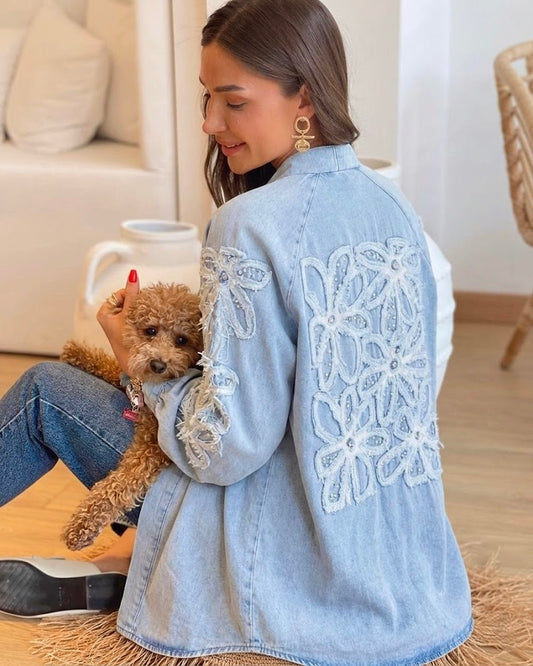 Light Blue Denim Embroidered Floral Kimono