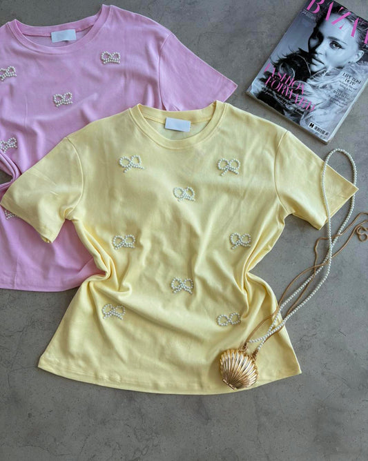 Yellow Pearl Bows Emballished T-Shirt