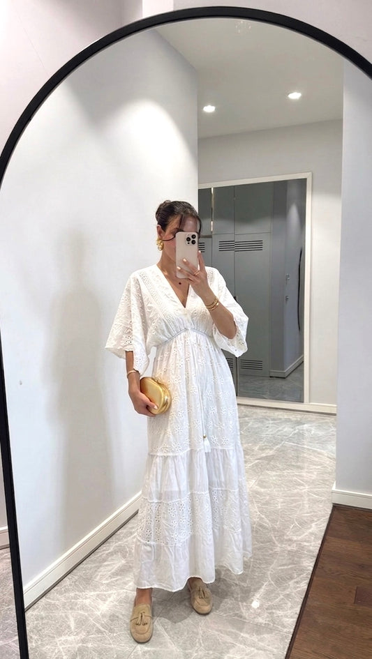 White Eyelet Embroidery Dress With Butterfly Sleeves