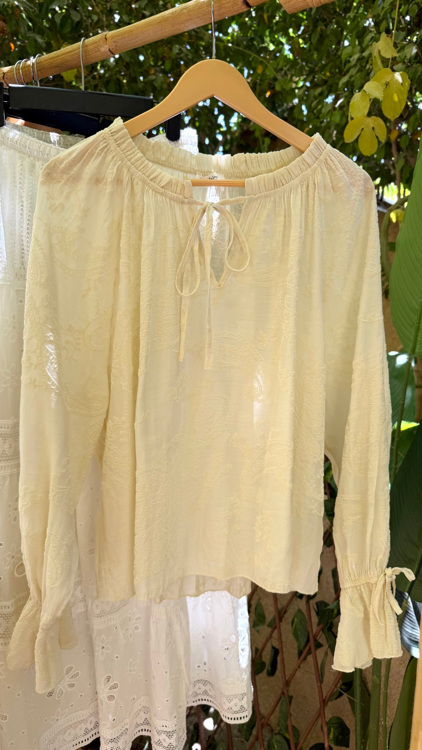 Boho Beige Embroidery Blouse With Ties