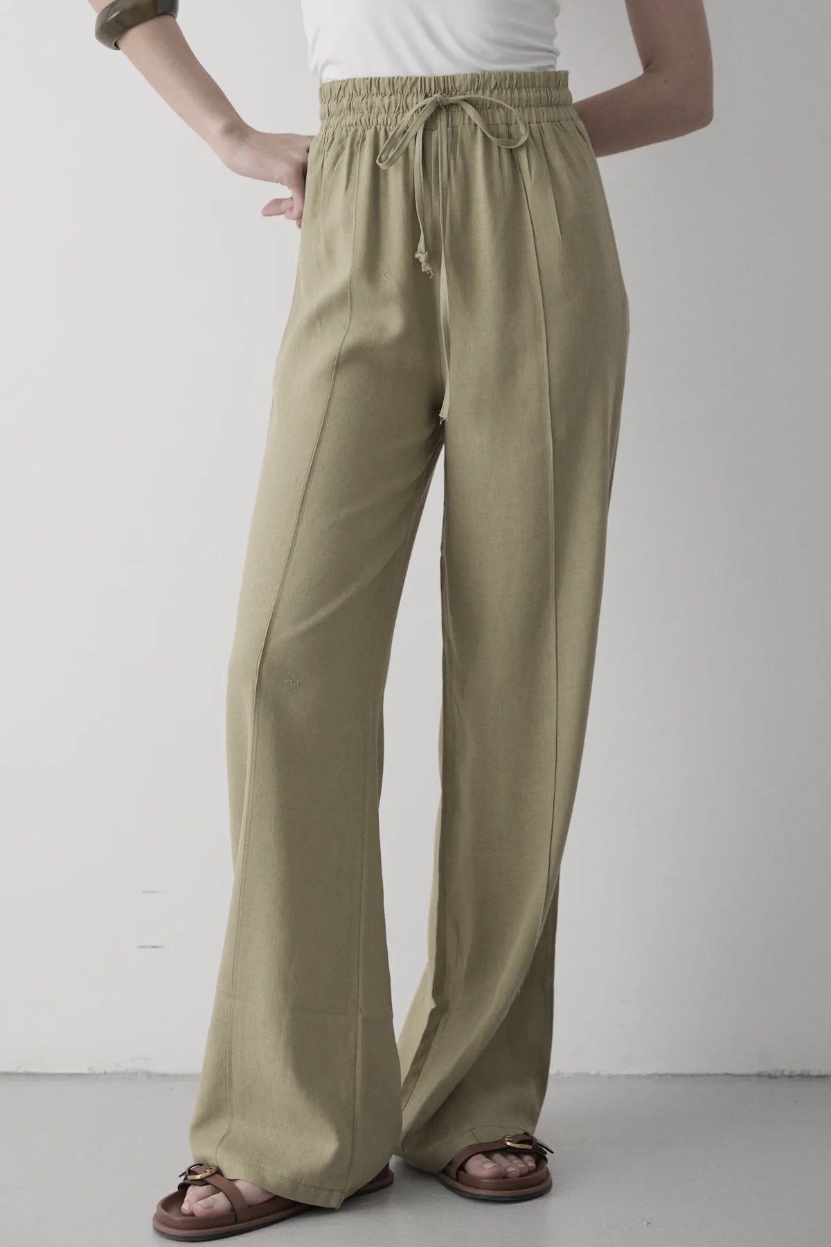 Washed Olive Wide Pants With Elastic Waist