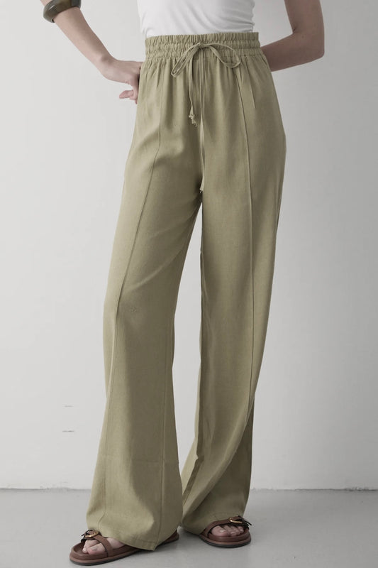 Washed Olive Wide Pants With Elastic Waist