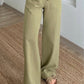 Olive Stripy Linen Straight Leg Pants With Elastic Waist
