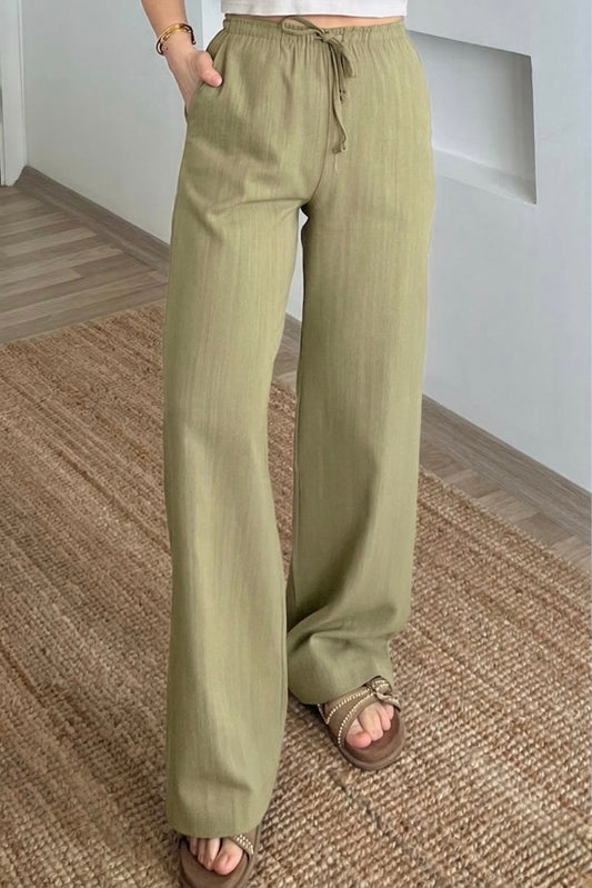 Olive Stripy Linen Straight Leg Pants With Elastic Waist