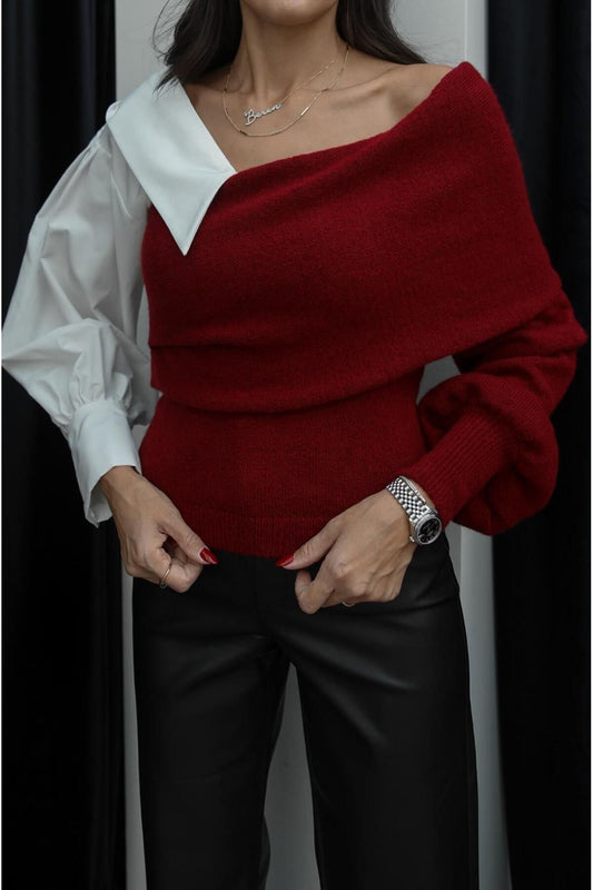 Burgundy Off Shoulder Pullover With Shirt Sleeve
