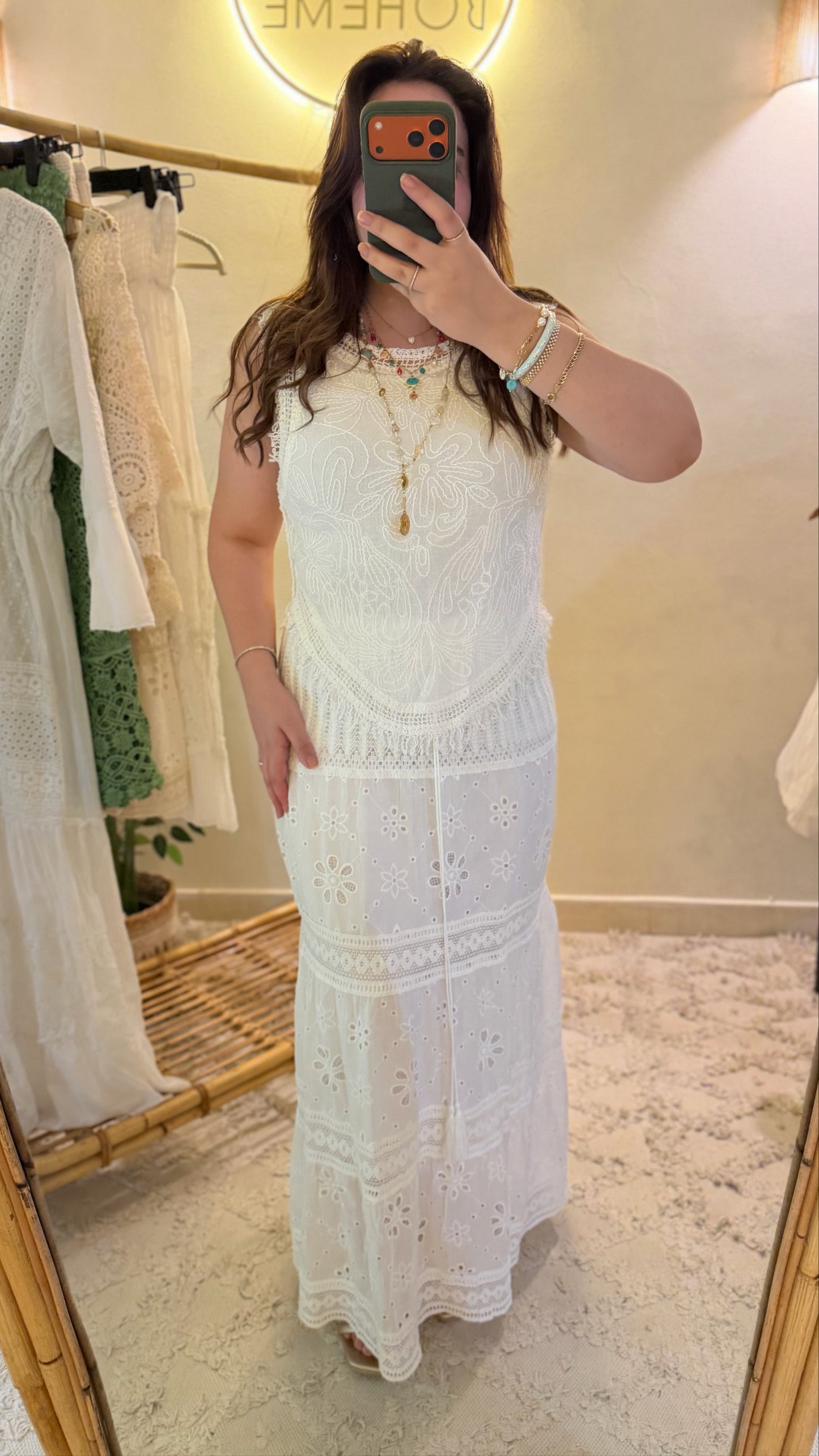 White Cut Out Embroidery Floral Skirt With Tassels