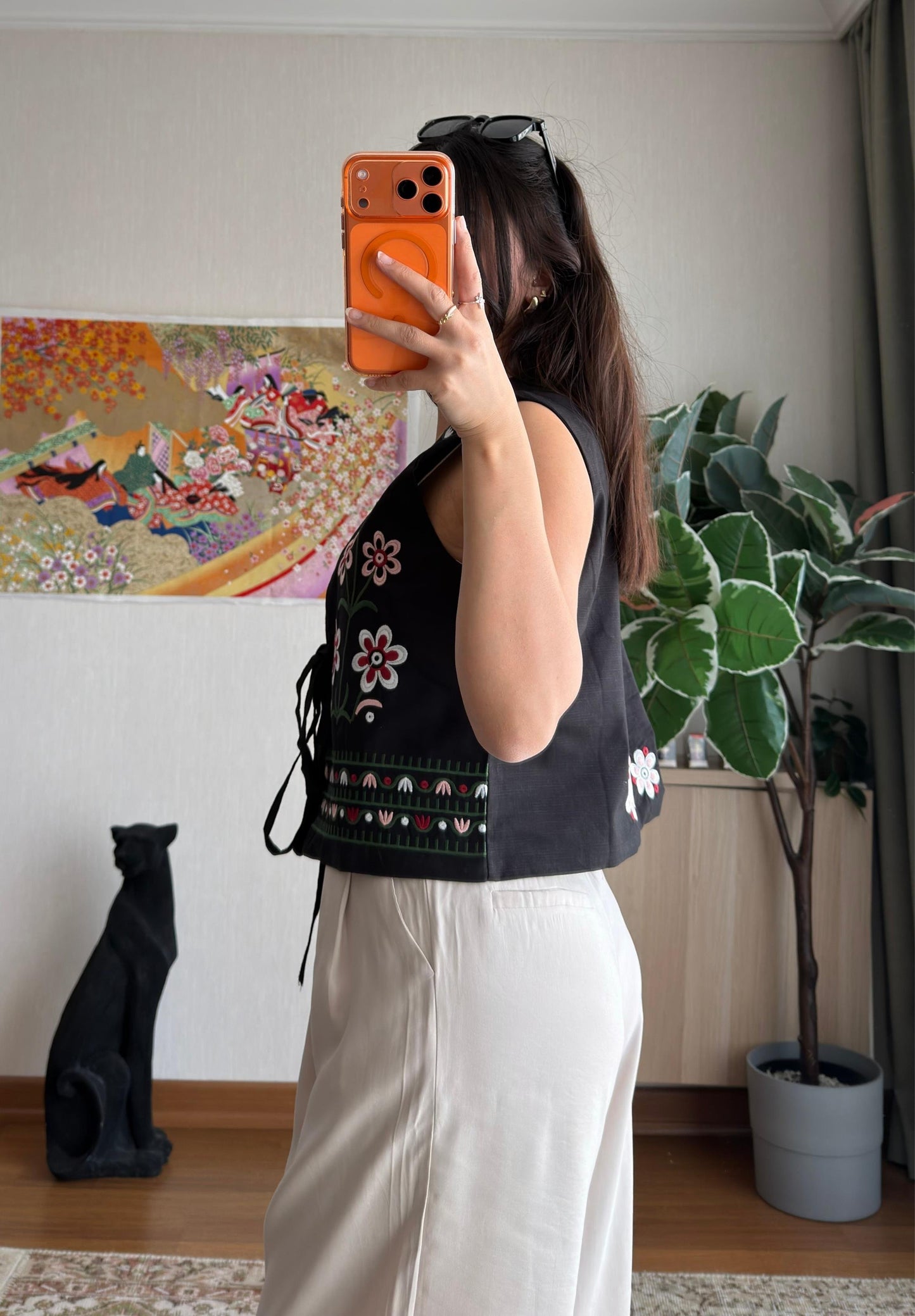 Black Floral Embroidered Vest