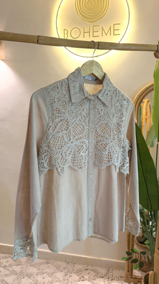 Beige Linen Shirt With Crochet