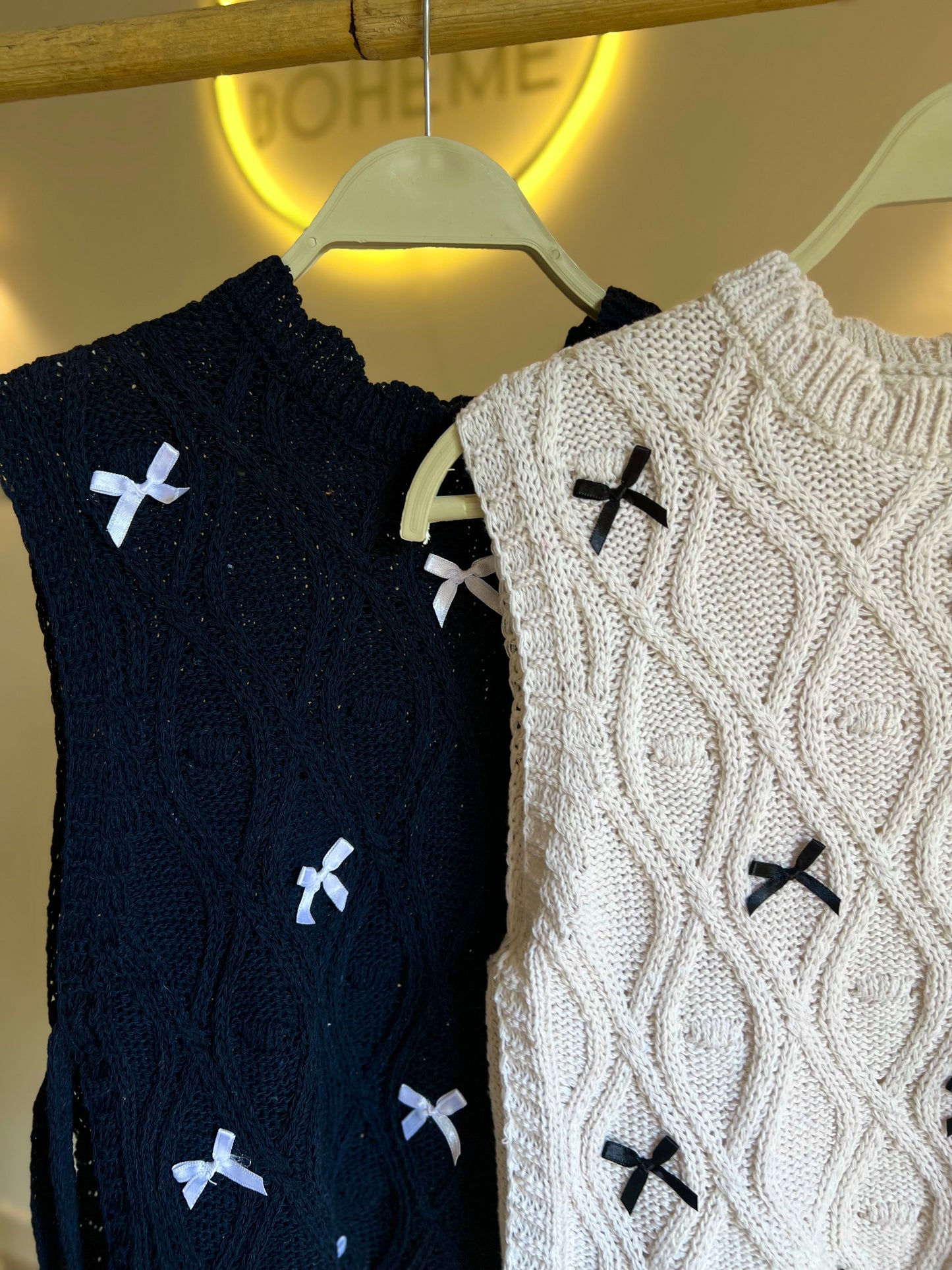 Dark Navy Crochet Vest With Ties & Bows
