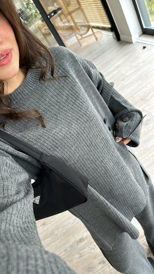 Grey Ribbed Triko Set With Slits & Buttons