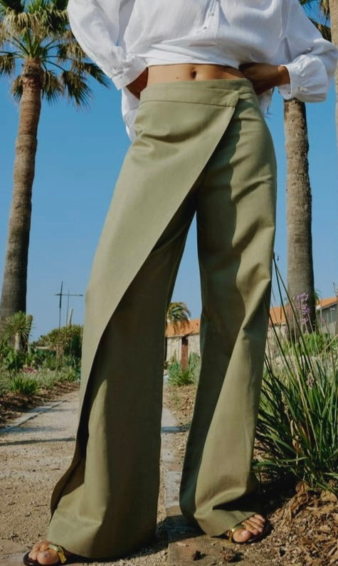 Olive Linen Wrapped Wide Leg Pants