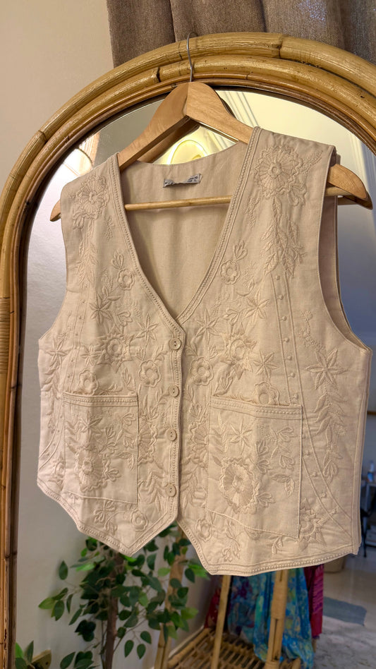 Linen Floral Embroidered Vintage Vest