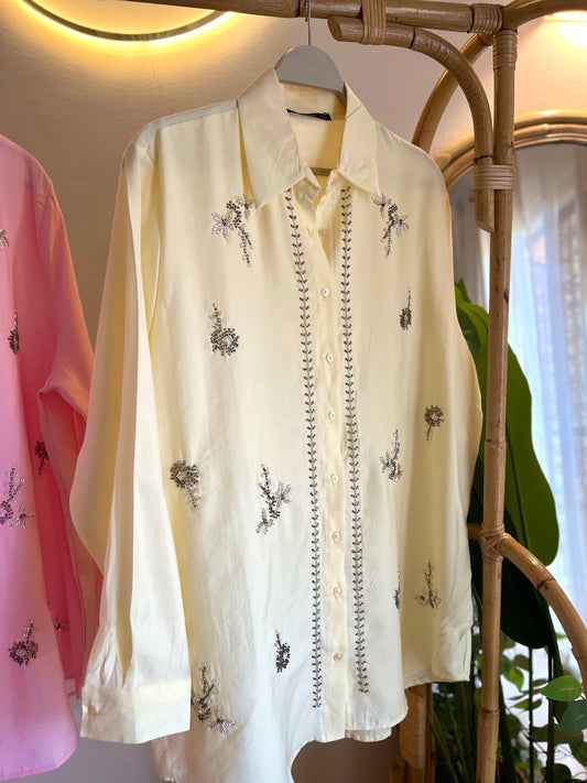 Yellow Linen Bead-Embellished Shirt