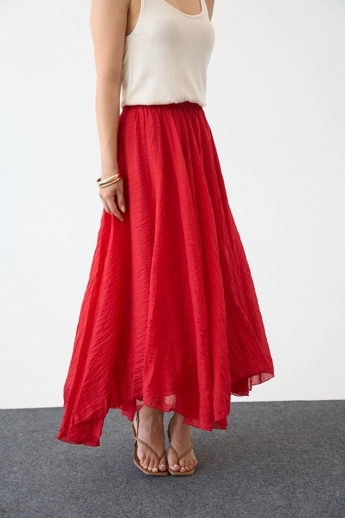 Red Asymmetrical Crinkled Chiffon Skirt