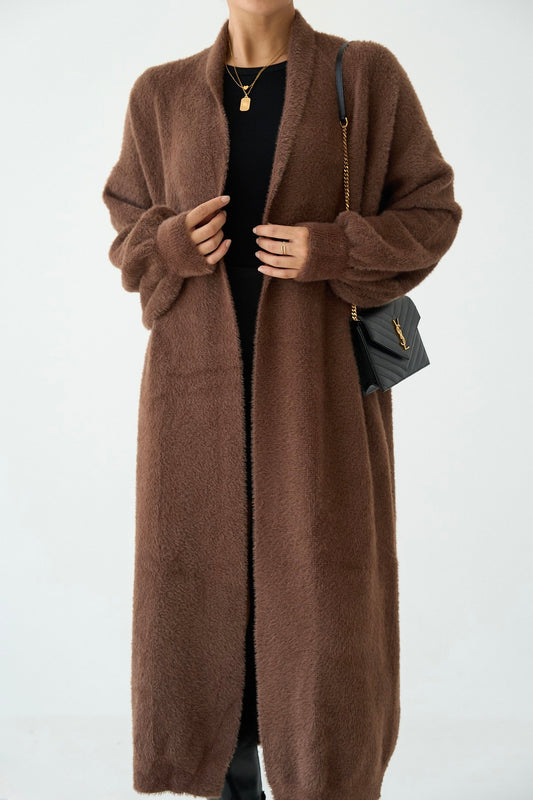 Brown Fluffy Heavy Longline Coat Cardigan