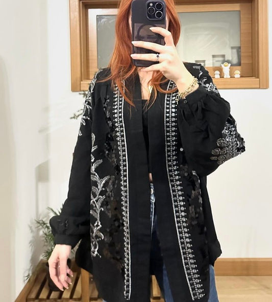 Black Silver Embroidered Kimono (PREORDER)