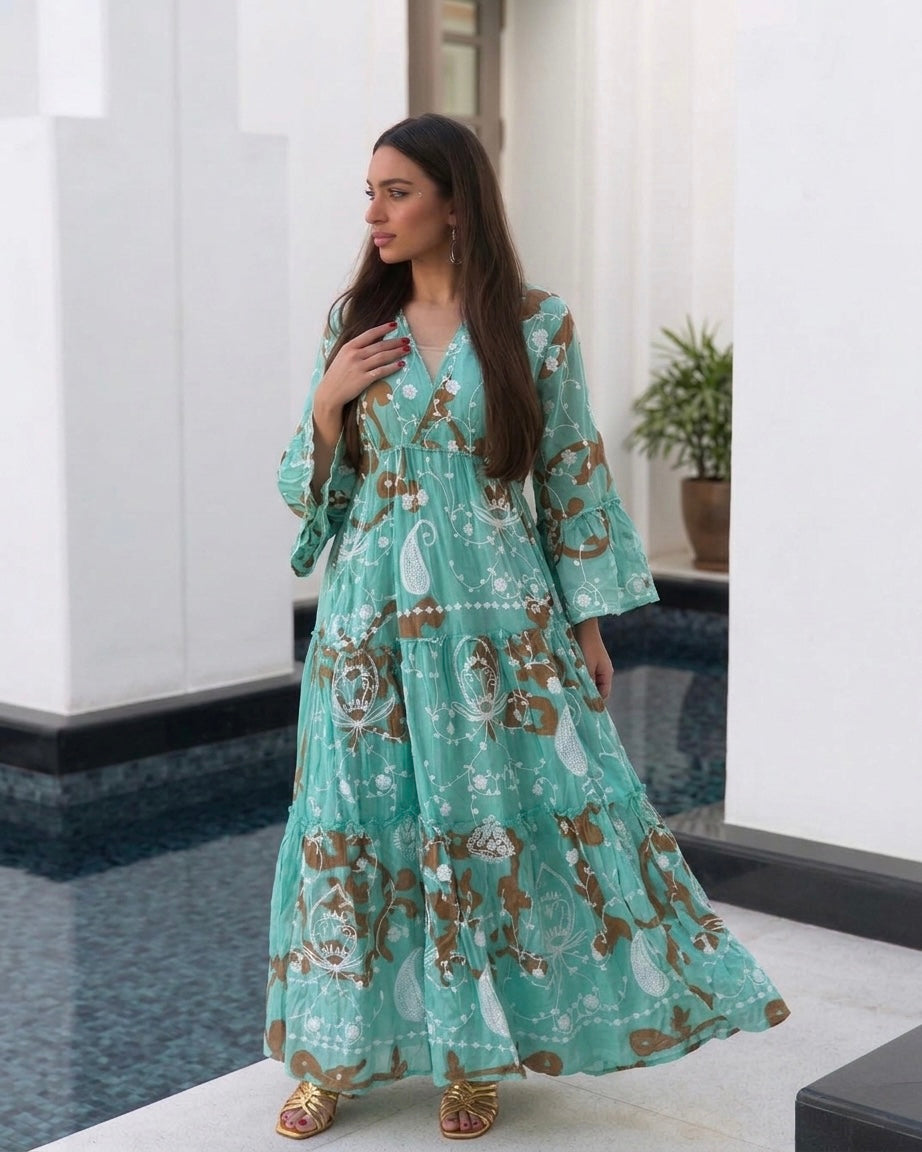 The French Aqua Brown Embroidered Paisley Dress
