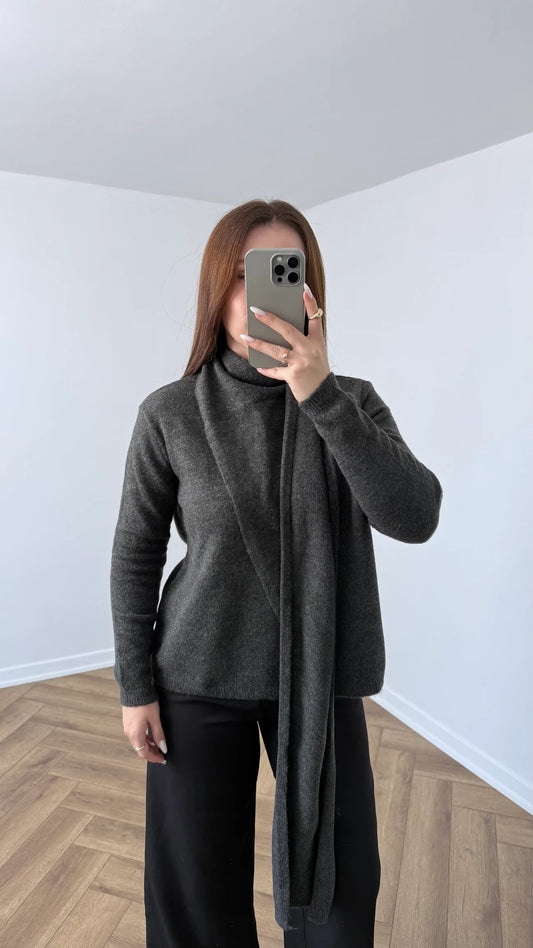 Grey Triko Pullover With Scarf