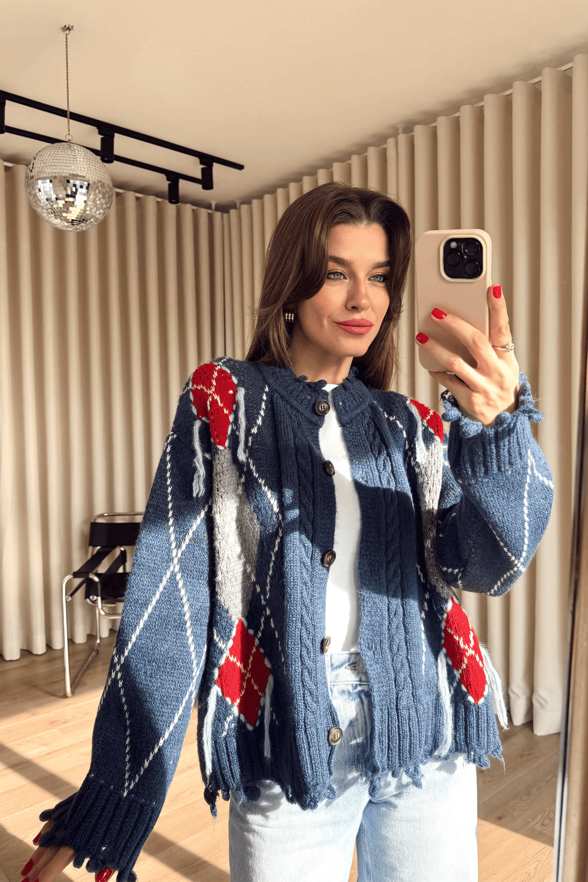 The Vintage Blue & Red Fringed Cardigan