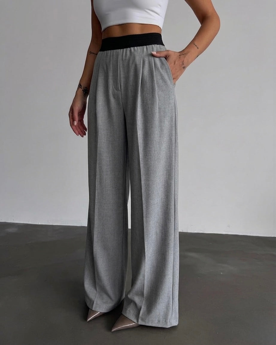 Grey Classic Pants With Black Elastic Waist