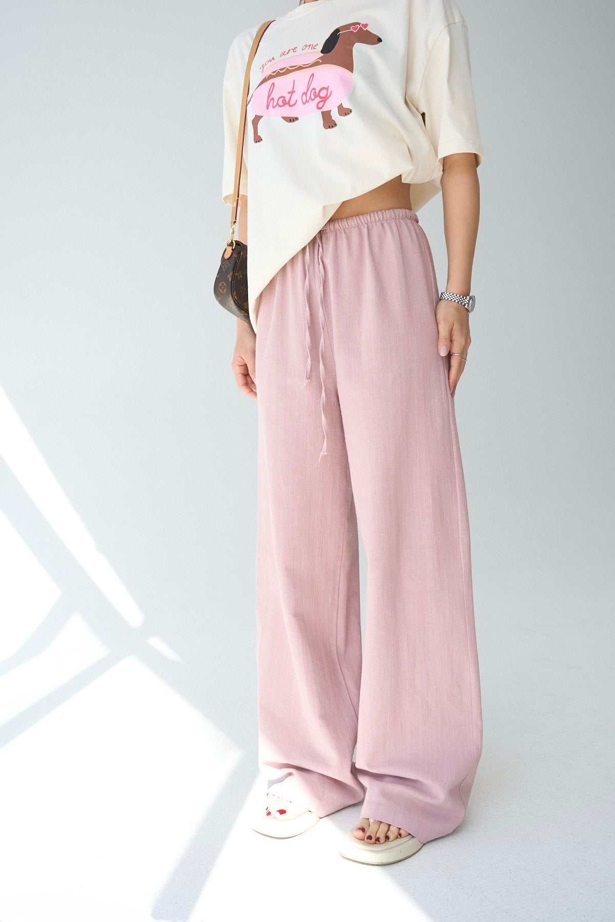 Linen Pink Straight Pants With Elastic Waist