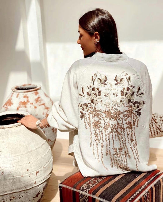 Embroidered Brown X Beige Linen Kimono