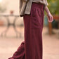Italian Burgundy Linen Wide Leg Pants With Elastic Waist